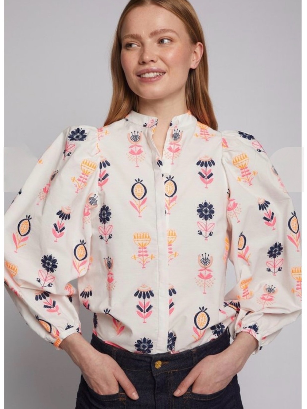 Vilagallo NWT Neon Embroidery White Floral Puff-Sleeve Blouse XS